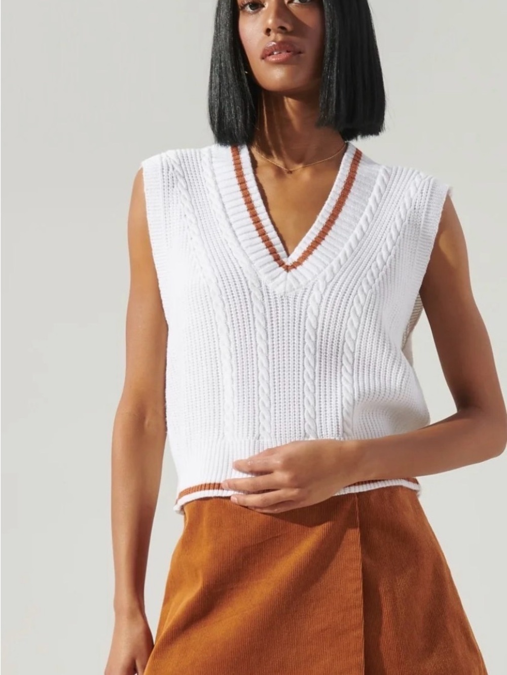 Sugarlips White Cable-Knit V-Neck Sweater Vest with Brown Trim